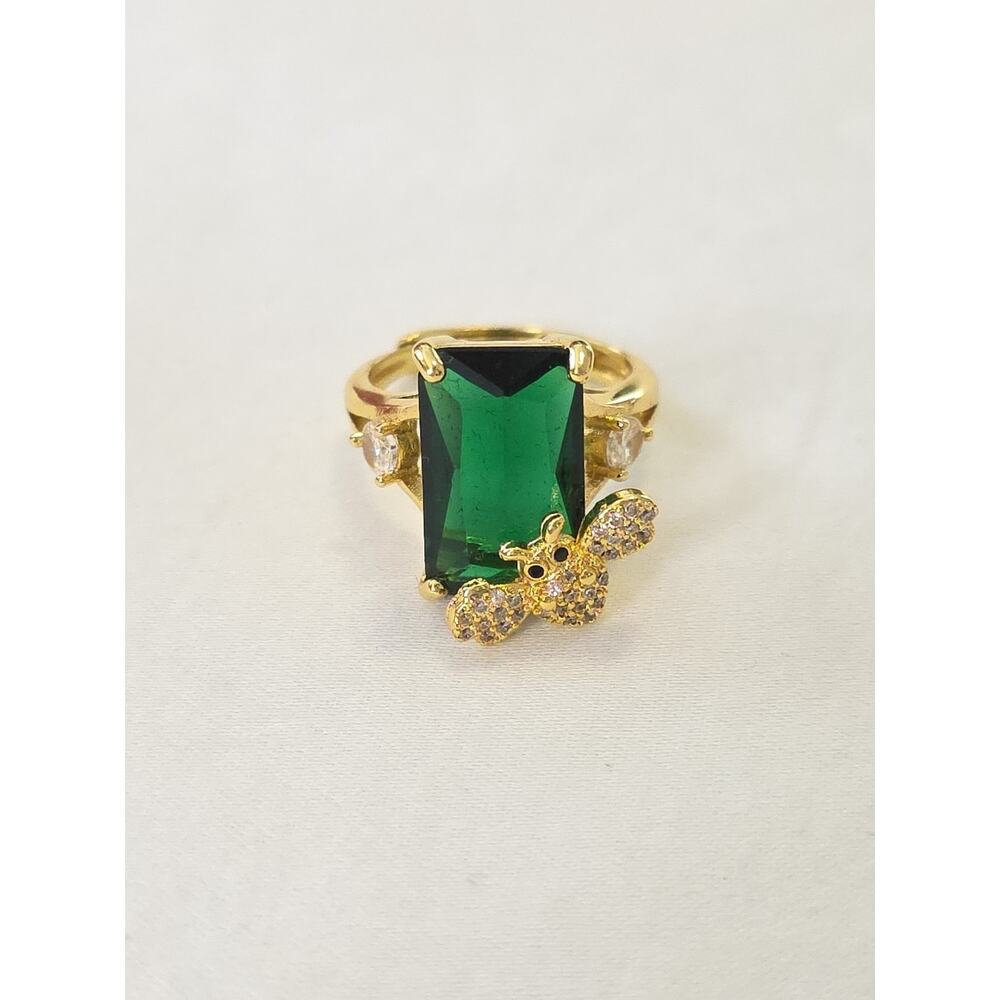 Bee Embellished Accent Ring Large Green Glass Stone Gold Tone Metal Adjustable